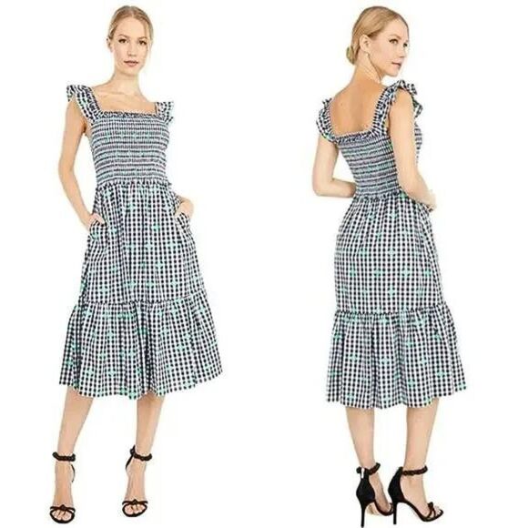 Kate Spade Gingham Voile Smocked Midi Dress XS Green NEW - Picture 1 of 12